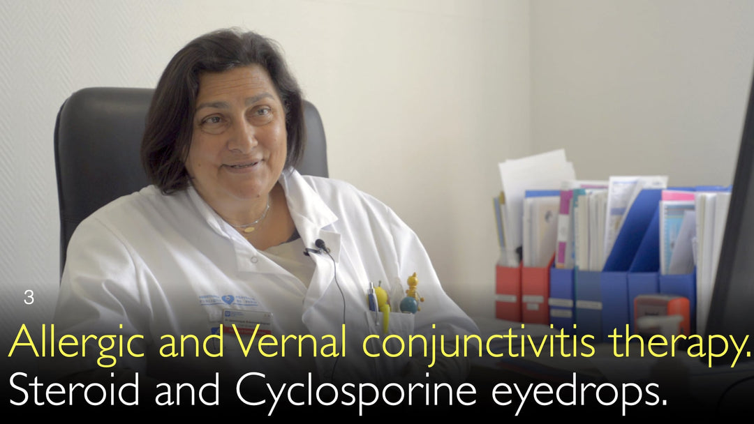 Tratamento para conjuntivite alérgica e conjuntivite vernal. Colírios à base de corticosteroides e colírios com ciclosporina.