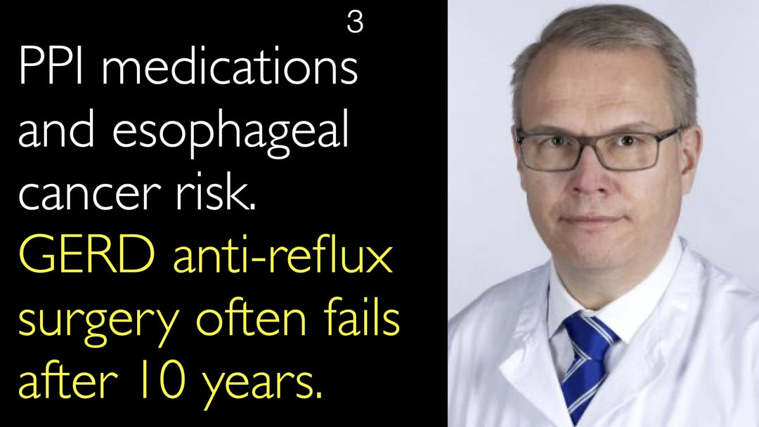 A cirurgia antirrefluxo para DRGE frequentemente apresenta falhas após 10 anos. O uso de inibidores da bomba de prótons (IBPs) está associado ao risco de câncer de esôfago. 3