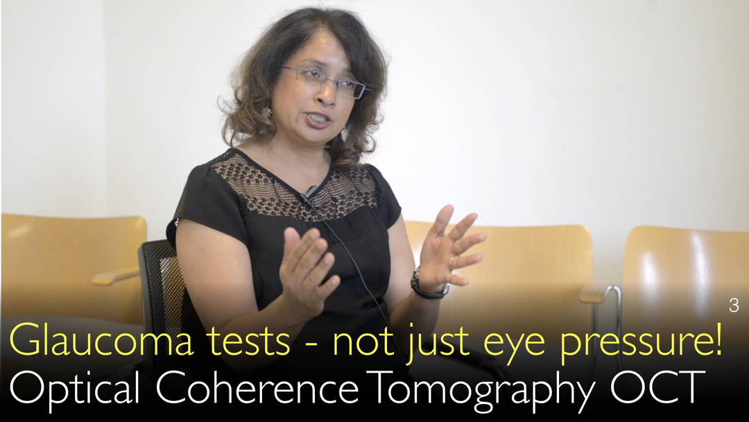 Testes diagnósticos para glaucoma. Exame de campo visual. Tomografia de Coerência Óptica (OCT).
